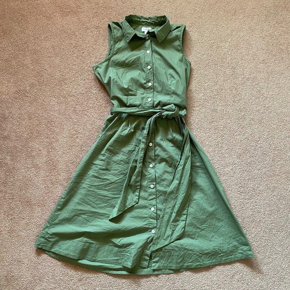 J.Crew Women’s 0 Green Sleeveless Belted Shirt Dress Collared A-Line Midi